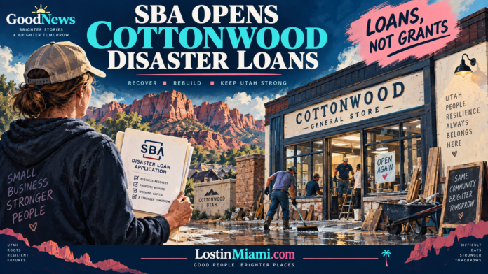 Illustrated Utah storefront and recovery documents beneath an SBA disaster-loan headline.