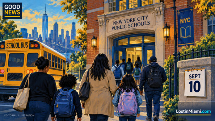 Anonymous students and caregivers entering an illustrated New York public school beside a September 10 calendar.