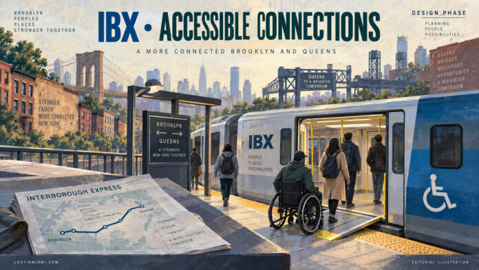 Conceptual painted IBX platform with an accessible boarding area and Brooklyn–Queens planning materials, labeled design phase.