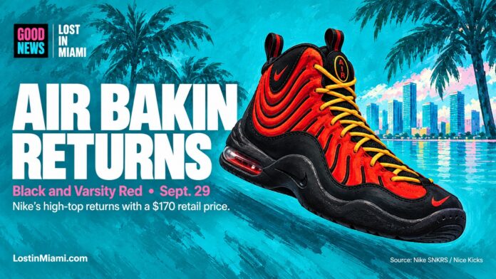 Original editorial illustration of the Nike Air Bakin in black and varsity red, with yellow laces and a visible heel Air unit.