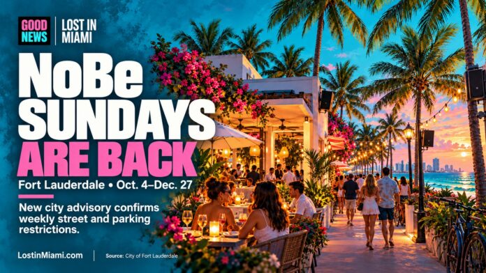 Conceptual illustration of a Fort Lauderdale beachside restaurant street with palm trees, café lights and anonymous pedestrians.