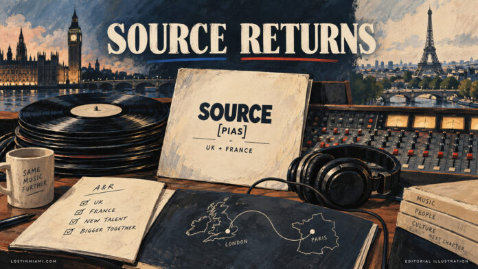 Painted Source record sleeve and A&R planning desk linking London and Paris silhouettes.