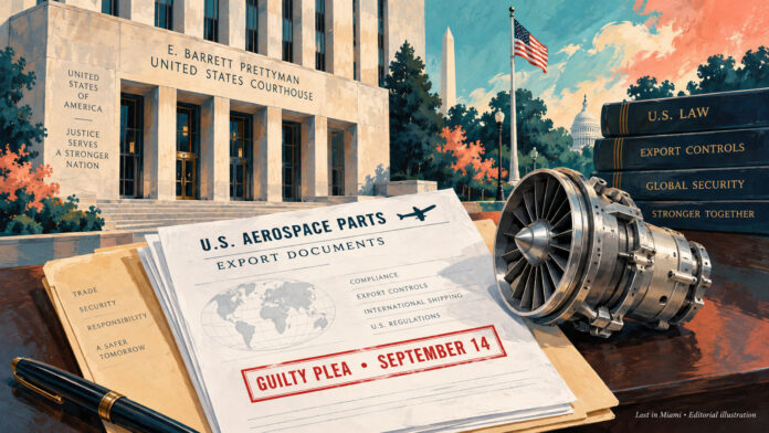 Painted illustration of aerospace components, export shipping paperwork and a federal court document.