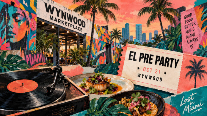 Painted Wynwood Marketplace scene with a turntable, illustrated tasting plates and an October 21 El Pre Party ticket.