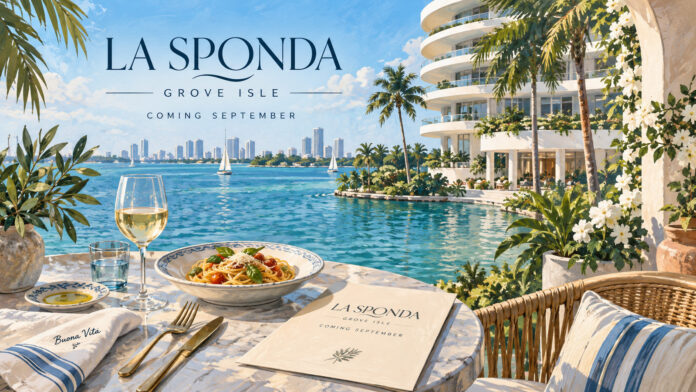 Conceptual painted waterfront terrace at Grove Isle with an Italian meal and La Sponda coming-in-September signage; not a photograph of the finished venue.