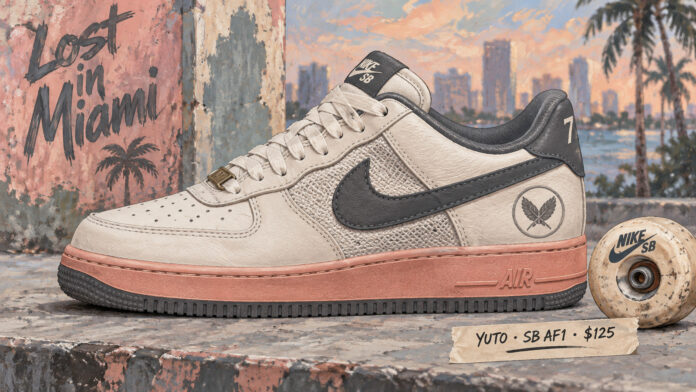 Painted side view of Yuto Horigome’s light-bone and iron-grey Nike SB Air Force 1 with a coral-toned midsole and crossed-feather detail.