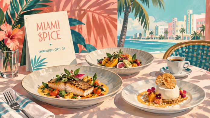 Painted Miami dining table with conceptual three-course dishes and a menu noting the Miami Spice extension through October 31.
