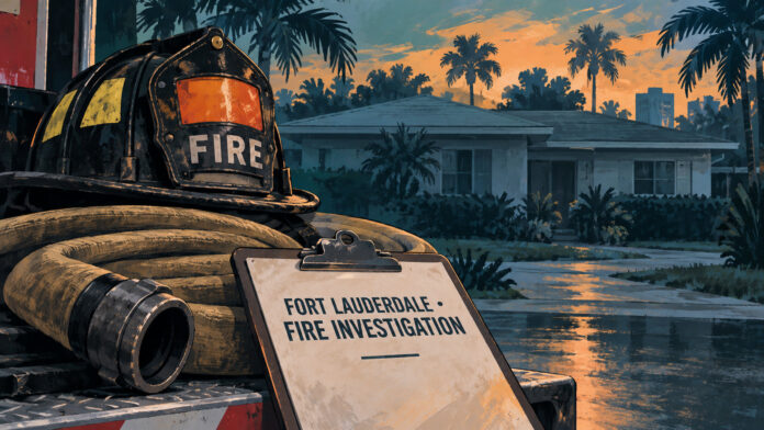 Non-documentary painted illustration of a fire helmet, hose and investigation clipboard with an anonymous Fort Lauderdale house in the background.