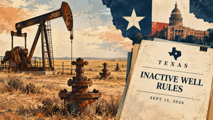 Painted Texas oilfield and State Capitol collage with a September 15 document labeled inactive-well rules.