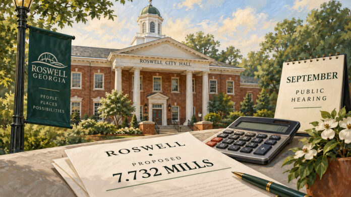 Painted Roswell City Hall scene with a calculator and a document showing a proposed 7.732-mill property-tax rate.