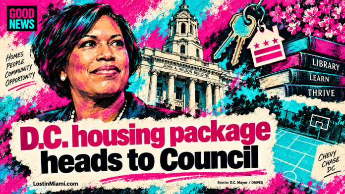Painted Muriel Bowser portrait with the Wilson Building, housing keys, library books and conceptual civic-site plans.