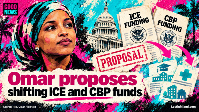 Painted Ilhan Omar portrait with the Capitol, bill pages and a clearly marked proposal stamp.