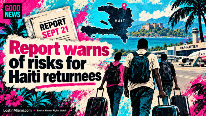 Respectful conceptual collage of Cap-Haïtien, an airport silhouette, Haiti outline and anonymous adult travelers with luggage.
