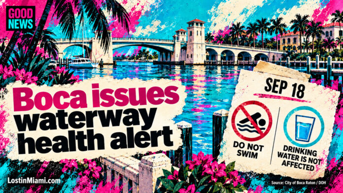 Painted Boca Raton waterfront and Camino Real bridge with a September 18 no-swimming advisory and separate drinking-water glass.
