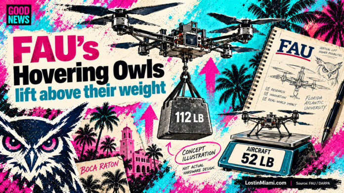 Conceptual engineering collage of a vertical-lift aircraft, 52-pound aircraft and 112-pound payload labels, and FAU notebook.