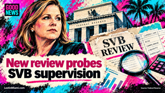 Illustrated Michelle Bowman beside the Federal Reserve building and an SVB review document.