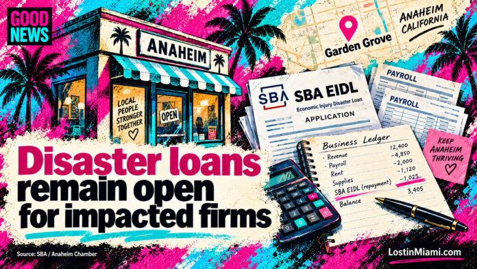 Illustrated Anaheim storefront with payroll records, SBA EIDL application and Garden Grove map marker.