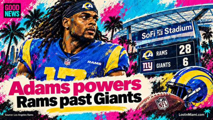 Painted editorial portrait of Davante Adams with SoFi Stadium and a Rams 28–6 Giants score graphic.