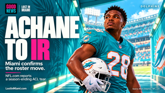 Editorial illustration of De’Von Achane in a Miami Dolphins uniform holding a helmet beside an injured-reserve headline.