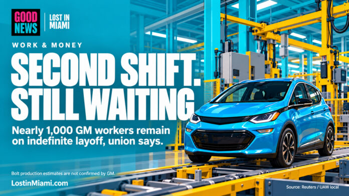 Editorial illustration of a blue compact electric car on a factory assembly line beside a headline about GM layoffs.