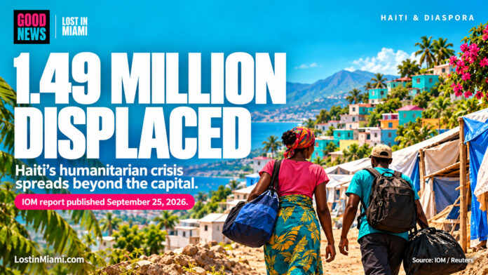 Editorial illustration of anonymous adults carrying bags near Haitian hillside homes and temporary shelters.