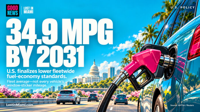 Editorial illustration of a pink fuel nozzle, cars and the U.S. Capitol beside a fleet fuel-economy headline.