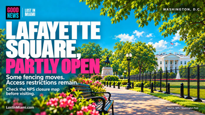 Interpretive editorial illustration of Lafayette Square, the White House and a walkway beside fencing.