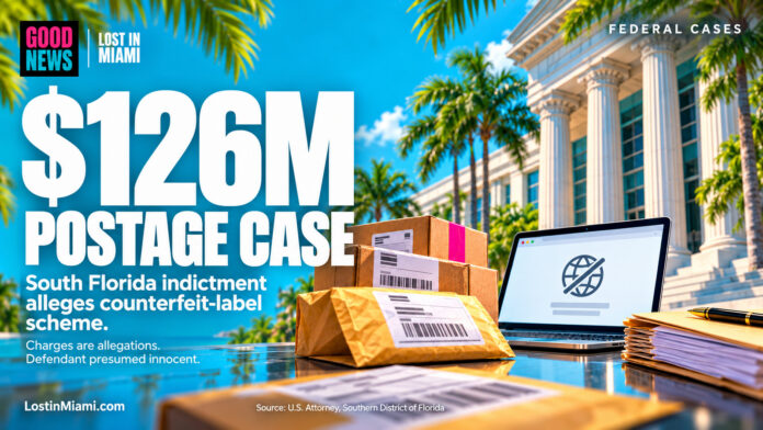 Editorial illustration of labeled parcels, a laptop and court folders beside a counterfeit-postage allegation headline.