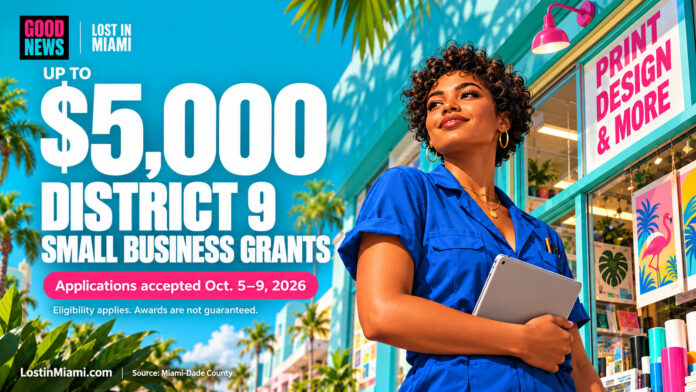 Editorial illustration of a fictional print-shop owner beside a District 9 grant headline offering up to $5,000.