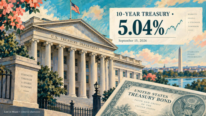 Painted U.S. Treasury building beside a bond certificate and a September 15 market quote of 5.04%.