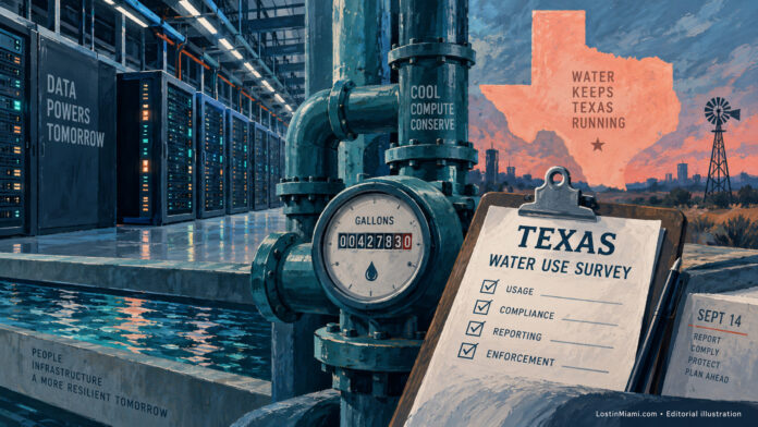 Conceptual painting of data-center cooling equipment, a water meter and a Texas water-use survey.