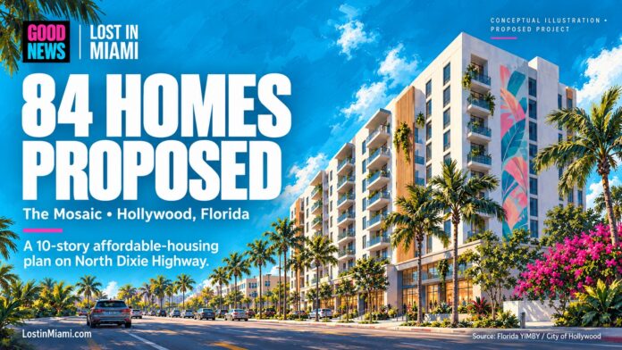 Conceptual editorial illustration of a 10-story apartment building in Hollywood, labeled as a proposed project rather than an official rendering.
