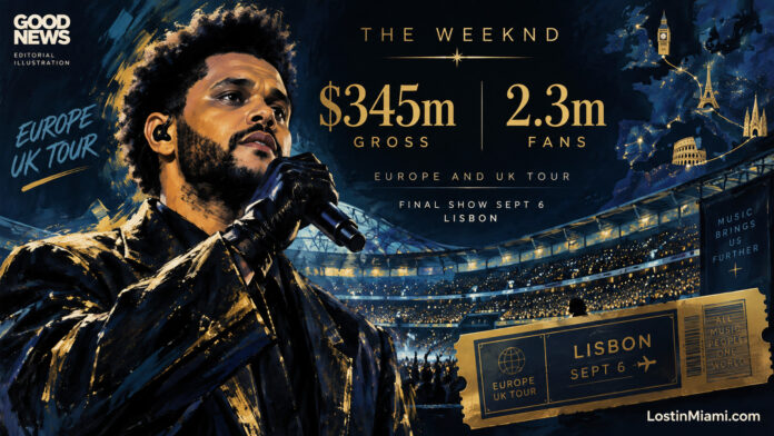 Painted portrait of The Weeknd before stadium seating and a tour-revenue counter.