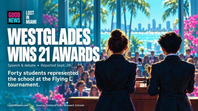 Anonymous students beside a debate lectern and trophy, illustrating Westglades’ academic achievement without depicting identifiable minors.