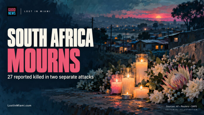 Editorial illustration of memorial candles and flowers overlooking South African township streets.