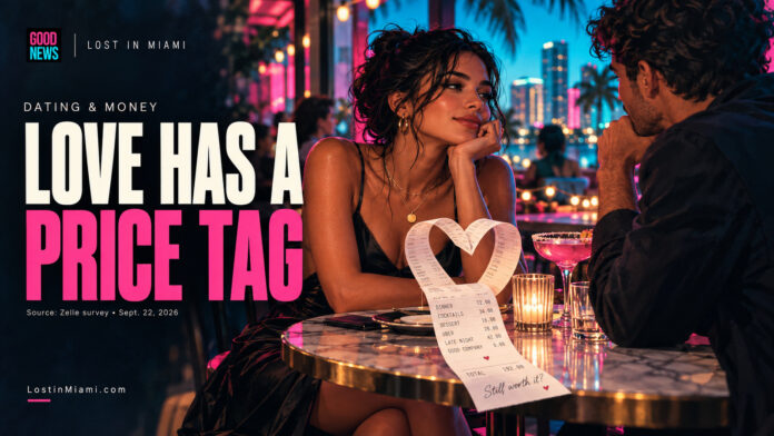 Illustration of two anonymous young adults at a café with a heart-shaped receipt and pink and turquoise lighting.