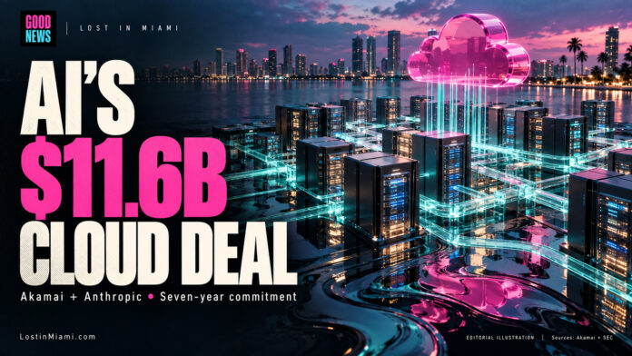 Conceptual editorial artwork of illuminated server racks beneath a pink cloud, representing the Akamai–Anthropic agreement.