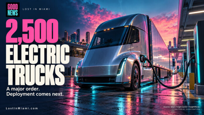 Editorial illustration of a silver electric tractor-trailer at a charging yard.